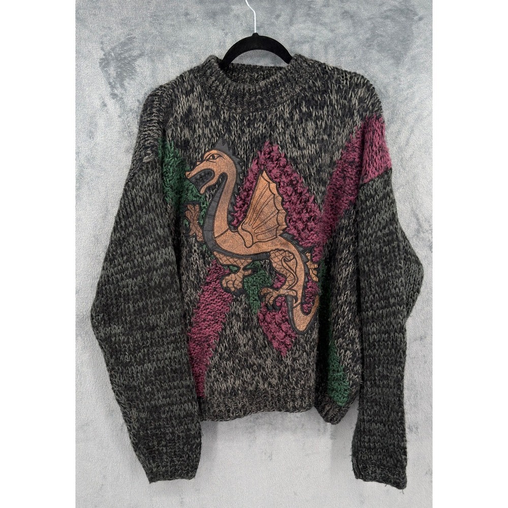 Vintage Street Scenes Sweater Mens Size M Dragon Archive Patchwork 90s Y2K Grey